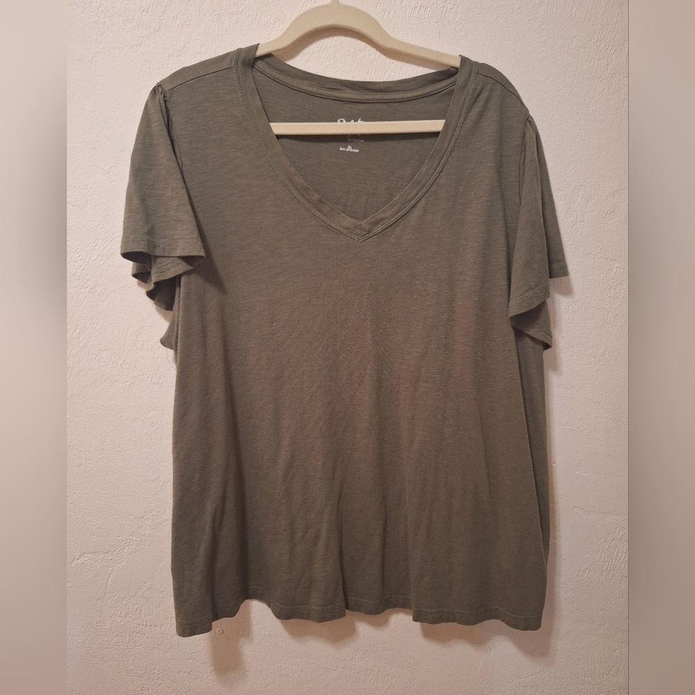Olive Green V-Neck Flutter Sleeve Women's Top. 2x